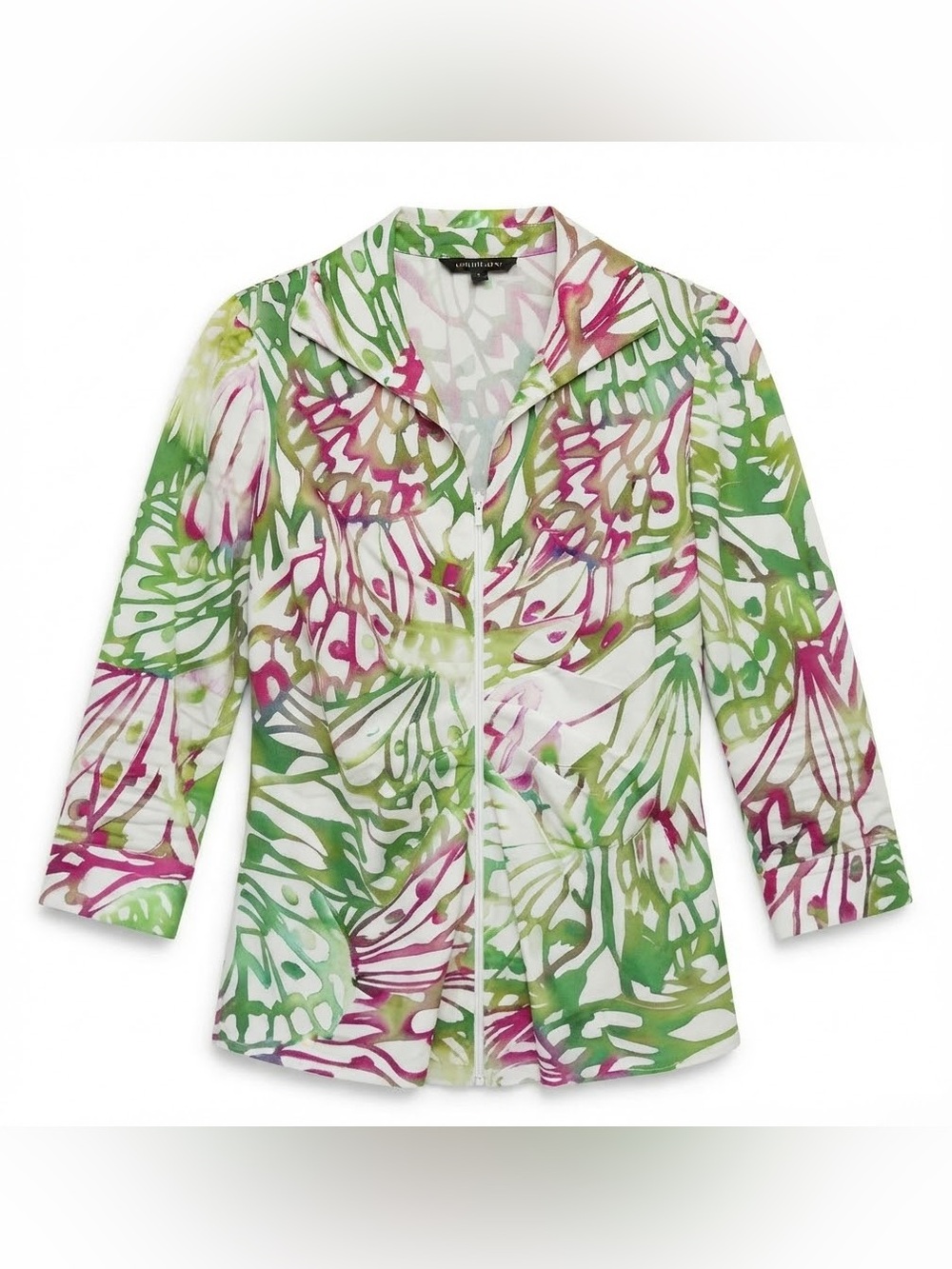 Lafayette 148 NY 3/4 sleeve zip front top, pink/green/white, size 16